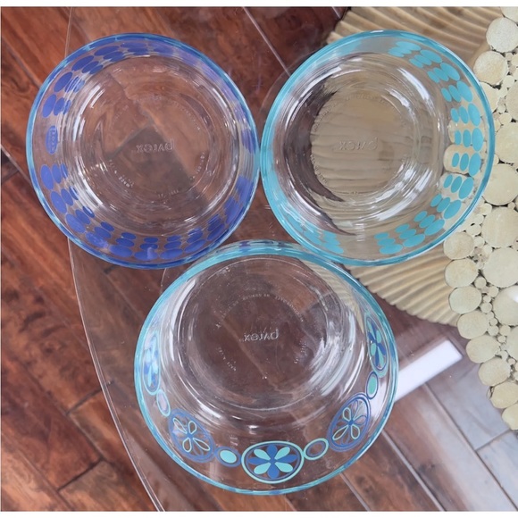 Set of Three Classic PYREX Clear Patterned Bowls - Turquoise & Navy RETRO BOHO - Picture 11 of 11